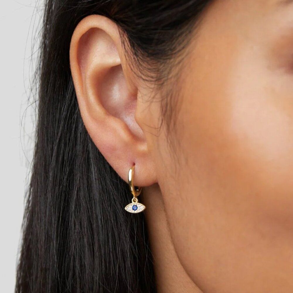 🧿 Blue Stone Evil Eye Huggie Hoop Earrings 🧿 - Picture 4 of 9